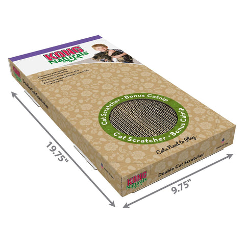 KONG Naturals double cat scratcher with cardboard scratching surface, shown with 19.75 by 9.75 inch dimensions.