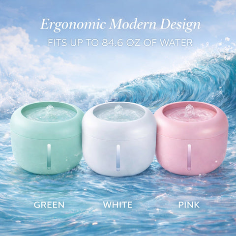 Pet Life Moda-Pure cat fountain shown in green, white, and pink, with flowing water and an 84.6 oz capacity callout.