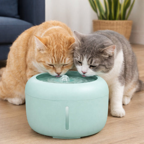 Orange and gray cats drinking from a mint green filtered water fountain in a home.