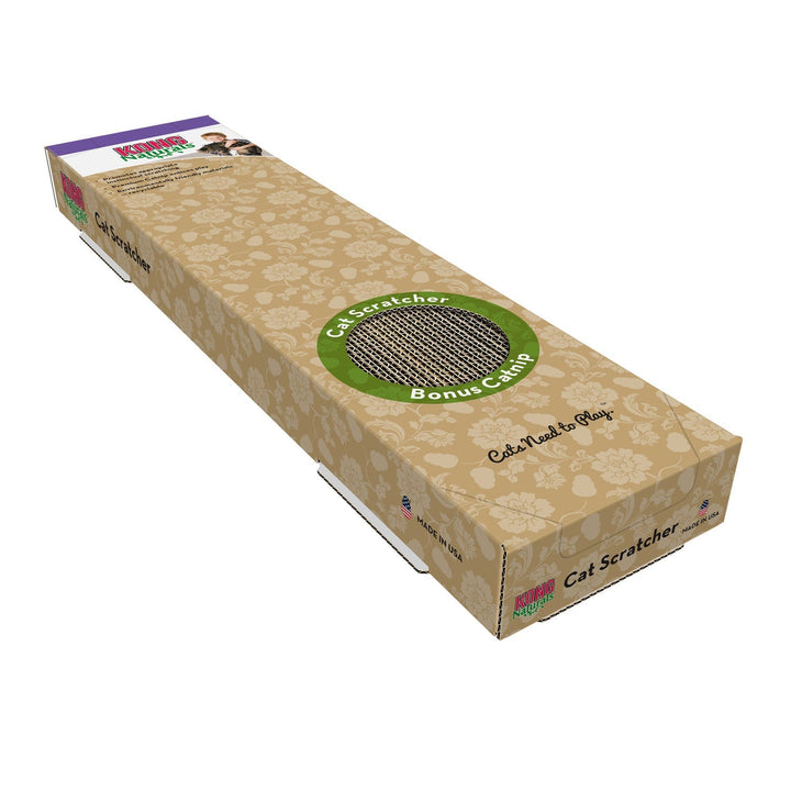 KONG Naturals cardboard cat scratcher box with a beige paw-print pattern, green ‘Bonus Catnip’ circle, and corrugated scratcher illustration on a white background.