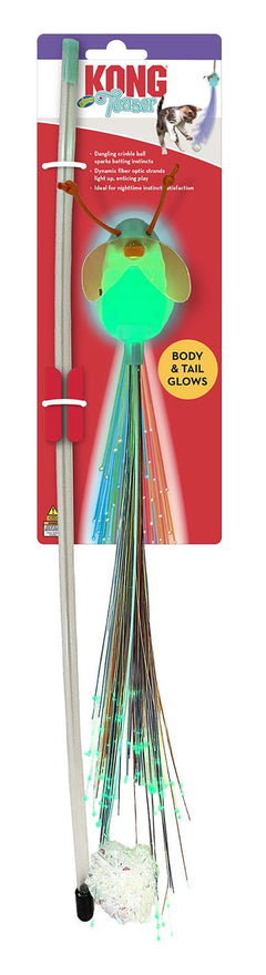 KONG Glow Firefly light-up cat teaser wand displayed on its red-and-purple retail packaging.