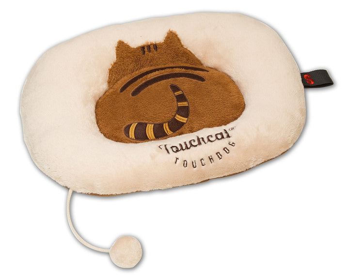 Beige plush cat bed with brown cat-face embroidery and an attached pom toy.