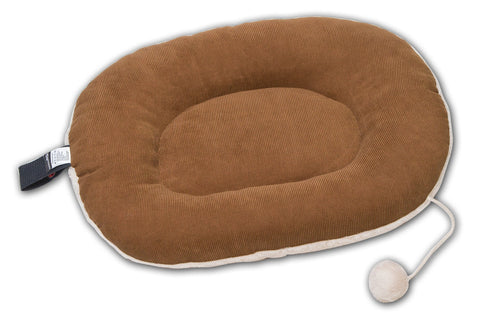 Brown plush oval cat bed with a rounded center cushion and attached pom toy.